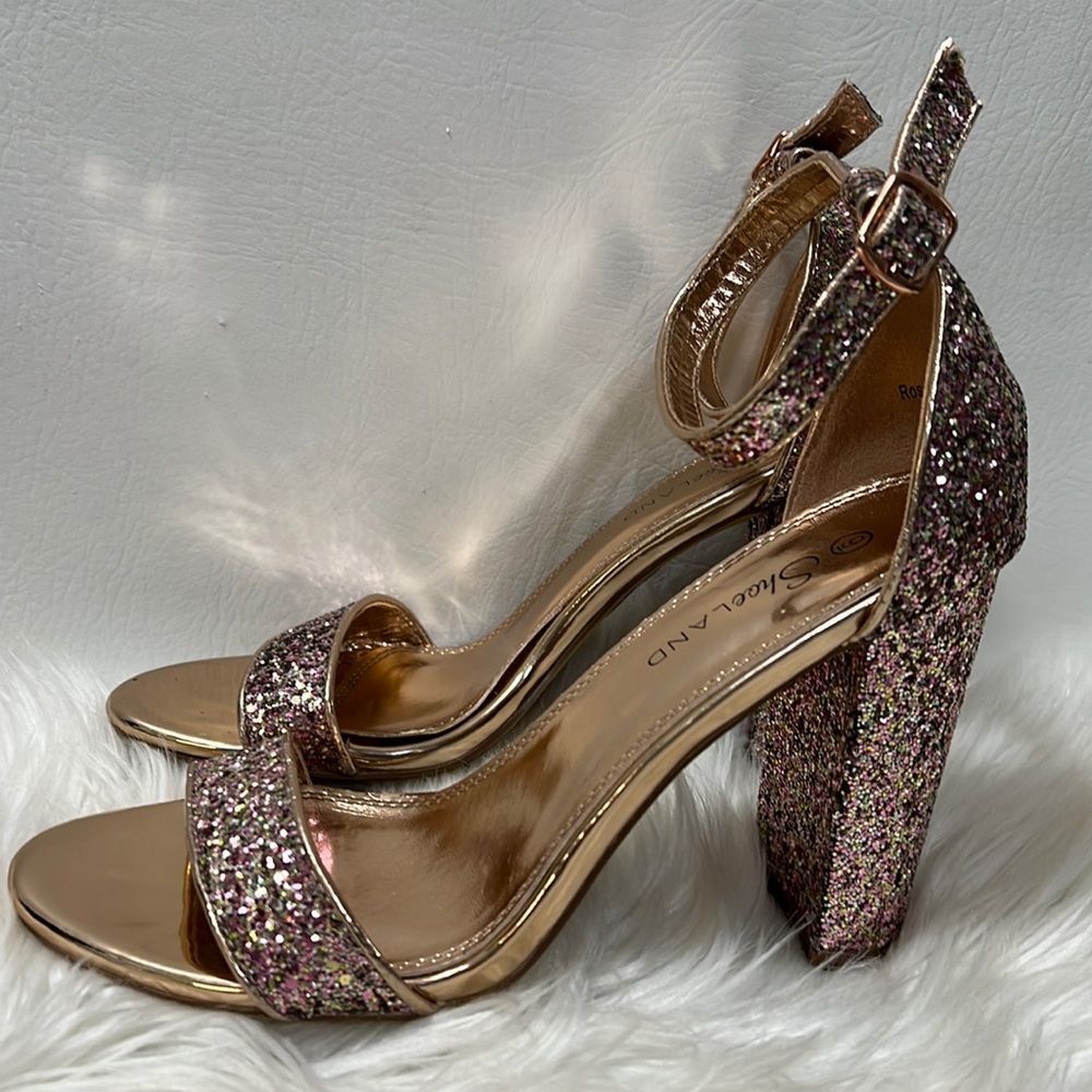 Shoeland HerStyle “Rosemmina”Open Toe Ankle Strap Chunky Heel (RoseGoldGlitter)